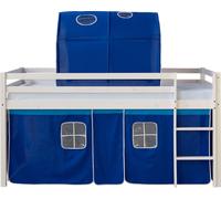 Lits superposé 90x200 cm avec Matelas Lit mezzanine en Bois Pin Massif Tunnel Rideau Bleu Sommier à lattes