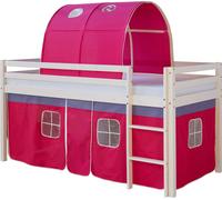 Lits superposé 90x200 cm avec Matelas Lit mezzanine en Bois Pin Massif Tunnel Rideau Rose Sommier à lattes