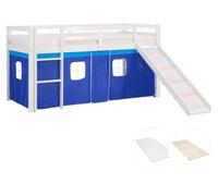 Lits superposé 90x200 cm avec Toboggan Matelas Lit mezzanine en Bois Pin Massif Rideau Bleu Sommier à lattes