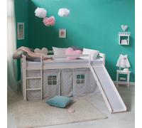 Lits superposé 90x200 cm avec Toboggan Matelas Lit mezzanine en Bois Pin Massif Rideau Étoilés Gris Sommier à lattes
