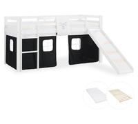 Lits superposé 90x200 cm avec Toboggan Matelas Lit mezzanine en Bois Pin Massif Rideau Pirate Noir Sommier à lattes