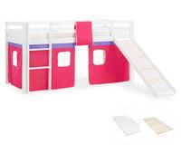 Lits superposé 90x200 cm avec Toboggan Matelas Lit mezzanine en Bois Pin Massif Rideau Rose Sommier à lattes