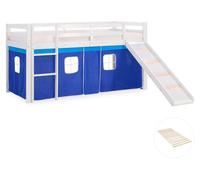 Lits superposé 90x200 cm avec Toboggan Sommier à lattes Lit mezzanine en Bois Pin Massif Rideau Bleu