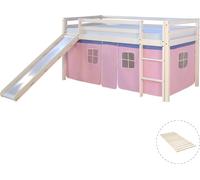 Lits superposé 90x200 cm avec Toboggan Sommier à lattes Lit mezzanine en Bois Pin Massif Rideau Rose