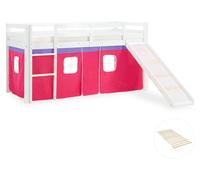 Lits superposé 90x200 cm avec Toboggan Sommier à lattes Lit mezzanine en Bois Pin Massif Rideau Rose
