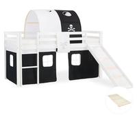 Homestyle4u Lit mezzanine 90x200 avec toboggan, sommier à lattes, rideau, tunnel, thème pirate, pour garçon, noir, lit d'enfant, blanc, bois de pin massif, lit pour adolescent, lit ludique