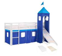 Lits superposé 90x200 cm avec Tour Toboggan Matelas Lit mezzanine en Bois Pin Massif Rideau Bleu Sommier à lattes