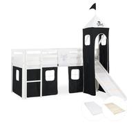 Lits superposé 90x200 cm avec Tour Toboggan Matelas Lit mezzanine en Bois Pin Massif Rideau Pirate Noir Sommier à lattes