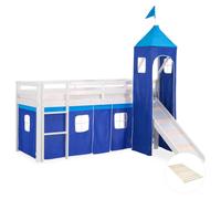 Lits superposé 90x200 cm avec Tour Toboggan Sommier à lattes Lit mezzanine en Bois Pin Massif Rideau Bleu