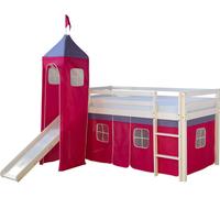 Lits superposé 90x200 cm avec Tour Toboggan Sommier à lattes Lit mezzanine en Bois Pin Massif Rideau Rose