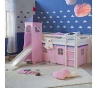 Lits superposé 90x200 cm avec Tour Toboggan Sommier à lattes Lit mezzanine en Bois Pin Massif Rideau Rose