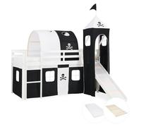 Lits superposé 90x200 cm avec Tour Tunnel Toboggan Matelas Lit mezzanine en Bois Pin Massif Rideau Pirate Noir Sommier à lattes