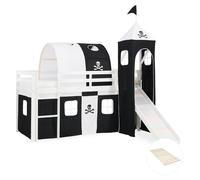 Lits superposé 90x200 cm avec Tour Tunnel Toboggan Sommier à lattes Lit mezzanine en Bois Pin Massif Rideau Pirate Noir