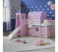 Lit mezzanine Homestyle4u 90 x 200 cm avec toboggan, tour, tunnel, sommier à lattes et rideau - Lit pour fille rose, lit d'enfant blanc en pin massif, lit pour adolescent, lit ludique