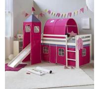 Lits superposé 90x200 cm avec Tour Tunnel Toboggan Sommier à lattes Lit mezzanine en Bois Pin Massif Rideau Rose