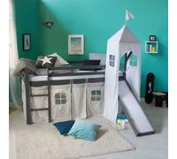 Lits superposé 90x200 cm Gris avec Matelas Toboggan et Tour Lit mezzanine en Bois Pin Massif Rideau Étoilés Sommier à lattes