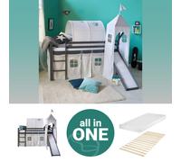 Lits superposé 90x200 cm Gris avec Toboggan et Tour Matelas Lit mezzanine en Bois Pin Massif Rideau Tunnel Étoilés Sommier à lattes