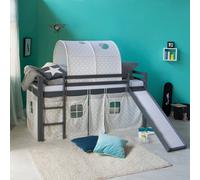 Lits superposé 90x200 cm Gris avec Toboggan Matelas Lit mezzanine en Bois Pin Massif Tunnel Rideau Étoilés Sommier à lattes