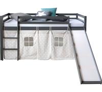 Lits superposé 90x200 cm Gris avec Toboggan Sommier à lattes Lit mezzanine en Bois Pin Massif Rideau Étoilés
