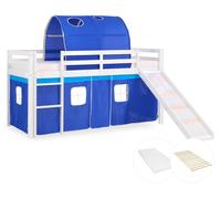 Lits superposé avec Matelas 90x200 cm Toboggan Lit mezzanine en Bois Pin Massif Rideau Tunnel Bleu Sommier à lattes