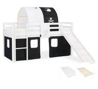 Lits superposé avec Matelas 90x200 cm Toboggan Lit mezzanine en Bois Pin Massif Rideau Tunnel Pirate Noir Sommier à lattes