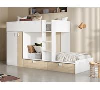 Lits Superposés 2 x 90 x 190 cm - Armoire intégrée - Blanc et naturel + matelas - JUANITO