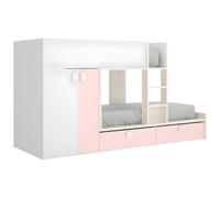 Lits Superposés 2 x 90 x 190 cm - Armoire intégrée - Blanc, naturel et rose - JUANITO