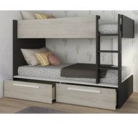 Lits superposés 2 x 90 x 200 cm - 2 tiroirs - Anthracite, naturel et blanc + Matelas - TINOLI