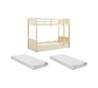 Lits superposés 2 x 90 x 200 cm - 2 tiroirs - Pin et MDF ? Beige et naturel + Matelas - LIMODARA