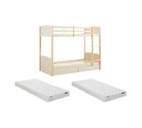 Lits superposés 2 x 90 x 200 cm - 2 tiroirs - Pin et MDF ? Beige et naturel + Matelas - LIMODARA