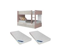Lits superposés 2 x 90 x 200 cm - 2 tiroirs - Rose, naturel et blanc + Matelas - TINOLI