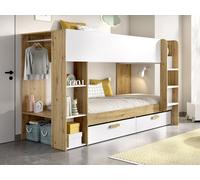 Lits superposés 2 x 90 x 200 cm avec rangements et penderie - Blanc et naturel + Matelas - OSANA