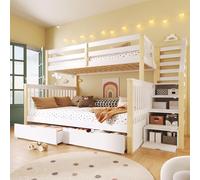 Lits superposés 90 x 200 et 140 x 200, blanc naturel, lit familial avec tiroirs et escalier de rangement, lit mezzanine en bois massif pour 3 personnes, sans matelas