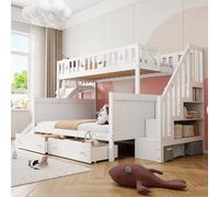 Lits superposés 90 x 200 et 140 x 200, lit familial avec toboggan, lit d'enfant en bois massif blanc, lit superposé avec escalier, lit mezzanine avec tiroirs de rangement, lit pour frères et sœurs en 