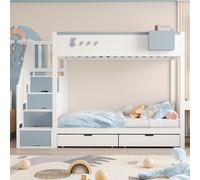 Lits superposés 90 x 200, lit d'enfant avec escalier, lit en forme de maison bleu et blanc, lit superposé avec tiroirs, lit mezzanine pour enfant « Lapin », lit avec escalier de rangement, lit d'avent