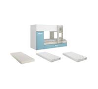 Lits Superposés ANTHONY avec rangements 3 x 90 x 190 cm - Blanc et bleu + Matelas
