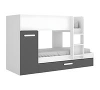 Lits superposés avec tiroir lit gigogne et rangements 3 x 90 x 190 cm - Anthracite et Blanc - ANTHONY