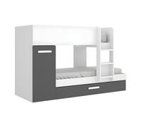 Lits superposés avec tiroir lit gigogne et rangements 3 x 90 x 190 cm - Anthracite et Blanc - ANTHONY