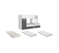 Lits superposés avec tiroir lit gigogne et rangements 3 x 90 x 190 cm - Anthracite et Blanc + matelas - ANTHONY