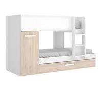 Lits superposés avec tiroir lit gigogne et rangements 3 x 90 x 190 cm - Blanc et Naturel - ANTHONY
