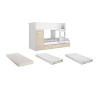 Lits superposés avec tiroir lit gigogne et rangements 3 x 90 x 190 cm - Blanc et Naturel + matelas - ANTHONY