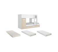 Lits superposés avec tiroir lit gigogne et rangements 3 x 90 x 190 cm - Blanc et Naturel + matelas - ANTHONY