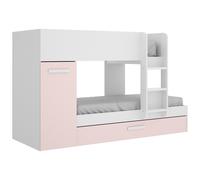 Lits superposés avec tiroir lit gigogne et rangements 3 x 90 x 190 cm - Blanc et rose - ANTHONY