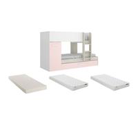 Lits superposés avec tiroir lit gigogne et rangements 3 x 90 x 190 cm - Blanc et rose + matelas - ANTHONY