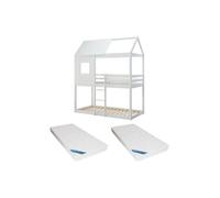 Lits superposés cabane 2 x 90 x 190 cm - Pin et MDF - Blanc + Matelas - LIDOVARA