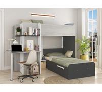 Lits superposés d'angle 2 x 90 x 190 cm - Avec bureau - Gris, blanc et noir + Matelas - SAMUEL