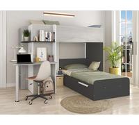 Lits superposés d'angle 2 x 90 x 190 cm - Avec bureau - Gris, blanc et noir - SAMUEL