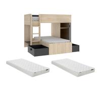 Lits superposés d'angle réversibles RICARDO - 2 x 90 x 190 cm - Rangements intégrés - Chêne et anthracite + matelas