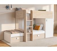 Lits superposés d'angle réversibles RICARDO - 2 x 90 x 190 cm - Rangements intégrés - Chêne et blanc + matelas