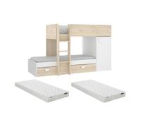 Lits superposés d'angle réversibles RICARDO - 2 x 90 x 190 cm - Rangements intégrés - Chêne et blanc + matelas